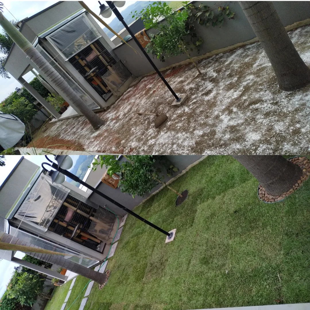Antes e depois de área externa com gramado renovado