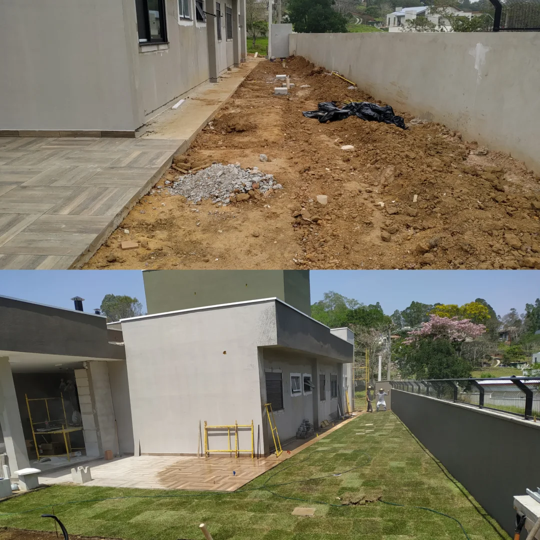 Antes e depois de terreno preparado e área com grama implantada