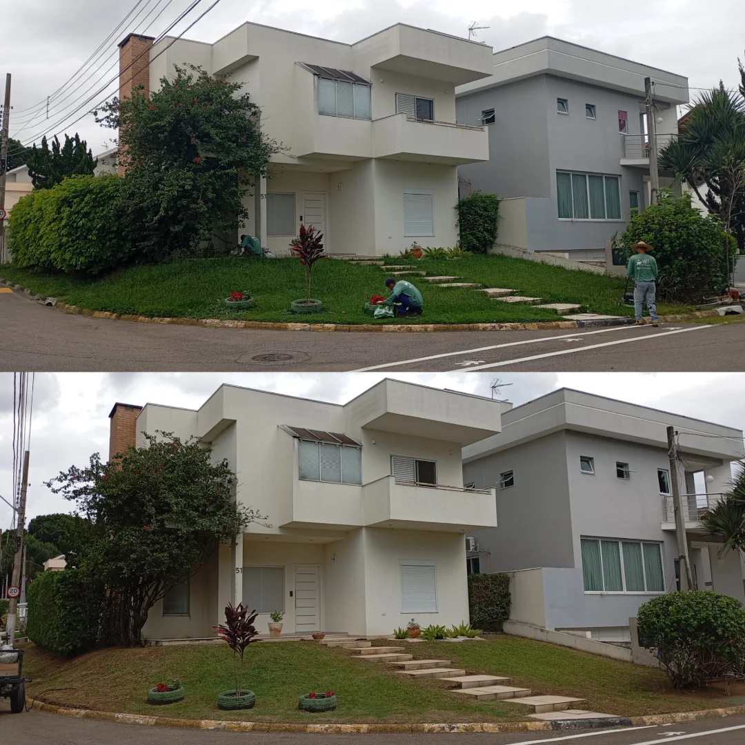 Antes e depois de fachada residencial com jardim aparado
